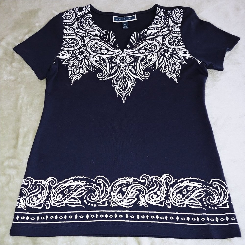 Karen Scott Women's Embellished Blouse - Navy Blue - Size Petite Small
